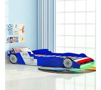 Lettino per bambini a forma di auto da corsa con strisce LED, 90 x 200 cm, blu, struttura in MDF, rete a doghe in legno, ringhiera di protezione, telecomando, stabile letto per bambini e neonati