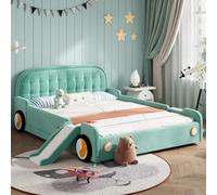 Lettino per bambini, con scivolo e scala, montaggio a sinistra/destra | Morbido letto imbottito in verde acqua, letto da gioco con protezione anticaduta per la cameretta dei bambini, 140 x 200 cm