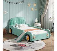 Lettino per bambini, con scivolo e scala, montaggio a sinistra/destra | Morbido letto imbottito in verde acqua, letto da gioco con protezione anticaduta per la cameretta dei bambini, 90 x 200 cm