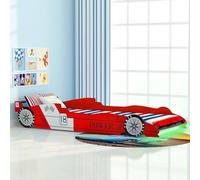 Lettino per bambini, design auto da corsa con strisce LED, 90 x 200 cm, rosso, struttura in MDF con rete a doghe in legno, ringhiera di protezione, facile montaggio, ideale per la cameretta dei