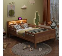 Lettino per bambini in legno, 90 x 200, con presa USB di tipo C, lampada a LED e testiera, letto singolo per ragazzi con protezione dalle cadute, legno di pino, senza materasso (colore legno)