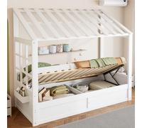 Lettino per bambini in stile rustico, 90 x 200 cm, con tetto, finestra, spazio idraulico e scomparti laterali, bianco, senza materasso