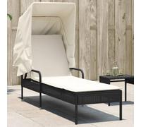 Lettino Prendisole con Baldacchino Nero in Polyrattan, Chaise Lounge Outdoor with Retractable Canopy, Adjustable Backrest 4 Positions, Weather Resistant PE Rattan Furniture for Garden Patio Poolside