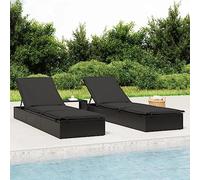 Lettino Prendisole con Tavolo, in Polyrattan Nero e Acciaio, Schienale Regolabile Multiposizione, Sdraio da Giardino, Lettino da Spiaggia, per Piscina e Balcone, Colore Nero, Dimensioni 201x55 cm