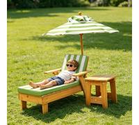 Lettino Prendisole Per Bambini Da Esterno, Sedie Da Spiaggia In Legno | Cuscini Sfoderabili In Tessuto A Righe, Con Ombrellone E Tavolino, Per Interni Che Per Esterni(Green)