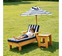 Lettino Prendisole Per Bambini Da Esterno, Sedie Da Spiaggia In Legno | Cuscini Sfoderabili In Tessuto A Righe, Con Ombrellone E Tavolino, Per Interni Che Per Esterni(Blue)