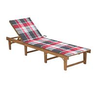 Lettino Prendisole Pieghevole in Legno di Acacia,con Cuscino Rimovibile,Schienale Regolabile 4 Posizioni,Sdraio da Giardino e Spiaggia,Portatile e Compatto,Motivo a Quadri Rossi,200 x 61 x 86 cm