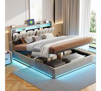 Letto 140 x 190 cm con rete LED e USB, letto matrimoniale imbottito 140 x 190 con luce LED, letto imbottito con custodia, letti 2 persone con rete a doghe in velluto, senza materasso, 140 x 190 cm)