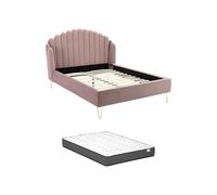 - Letto 140 x 190 cm con testiera a onde - Velluto - Rosa antico + Materasso - SAGALI