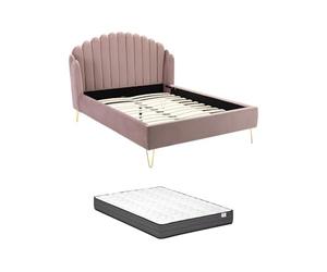 - Letto 140 x 190 cm con testiera a onde - Velluto - Rosa antico + Materasso - SAGALI