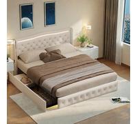 Letto 140 x 200 cm con cassetta, letto imbottito a LED con funzione di ricarica USB, letto matrimoniale con 4 cassetti, letto funzionale, letto per ragazzi e ragazzi, schienale in PU, saggio, senza