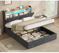 Letto 140 x 200 cm, con illuminazione a LED, letto idraulico, 140 x 200 cm, letto imbottito, testiera con prese, scaffale aperto, spazio nascosto, struttura del letto con rete a doghe, tessuto di lino