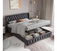 Letto 140 x 200 cm con rete e ripostiglio, letto baule 140 x 200 cm con rete a listelli, letti matrimoniali per adulti e adolescenti, letti imbottiti in velluto, testiera imbottita (140 x 200 cm)