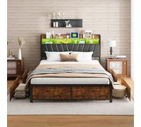 Letto 140 x 200 con Conservazione, Led Letto Legno Ferro 4 Cassetti, Letto 2 Persone Presa USB, Soddisfa tutte le esigenze fondamentali Materiale Sonno, Conservazione, Illuminazione Ricarica Offrant