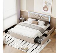 Letto 140 x 200 con illuminazione a LED, letto matrimoniale con 4 cassetti, testiera regolabile in altezza e telaio robusto, letto portaoggetti in beige per camera da letto moderna, Linen, senza