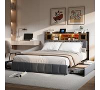 Letto 140 x 200 con rete LED e USB, letto matrimoniale con 4 cassetti, testiera con ripostiglio, letto matrimoniale, letto imbottito, per adulti e adolescenti, lino (140 x 200 cm)