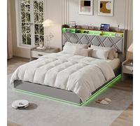 Letto 140 x 200 con rete, letto cassaforte, letto matrimoniale matrimoniale, LED/USB letto imbottito, testiera del letto, applicabile a stoccaggio, stazione di ricarica, illuminazione d'atmosfera