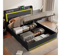 Letto 140 x 200, moderno letto per adulti con rete a doghe, testa Delit con luci LED e 2 porte USB, con spazio di archiviazione, materiale PU, senza materasso (nero, 140 x 200 cm)