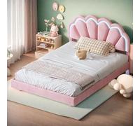 Letto 140 x 200 per ragazze con illuminazione a LED, letto imbottito con rete a doghe in legno e telaio in metallo, letto per ragazzi con testiera a forma di fiore, senza materasso (rosa)