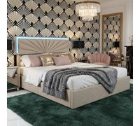 Letto 140x200 / 160x200cm con 4 cassetti. Struttura in tessuto beige. Testata letto "sole" con illuminazione LED RGB (telecomando).