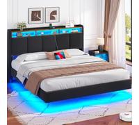 Letto 140x200 cm Fluttuante con Testiera Imbottita, LED e Ricarica, Grigio | 2 prese AC, 1 USB-A e 1 USB-C; doghe in legno massello; 60.000 colori LED regolabili via APP; testiera con vano portaoggetti.