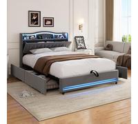 Letto 160 x 200 cm con rete LED e USB, letto matrimoniale imbottito 160 x 200 cm con 4 cassetti e testiera di stoccaggio, telaio letto capitonnato letto matrimoniale per adulti e adolescenti (grigio-6