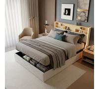 Letto 160 x 200 cm, letto imbottito matrimoniale con testa a LED, letti con vano portaoggetti, letto idraulico, letto a molle con cassetta, struttura del letto con rete a doghe, pu, senza materasso