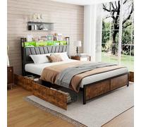 Letto 160 x 200 con Conservazione, Led Letto Legno Ferro 4 Cassetti, Letto 2 Persone Presa USB, Soddisfa tutte le esigenze fondamentali Materiale Sonno, Conservazione, Illuminazione Ricarica Offrant