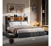 Letto 160 x 200 con rete LED e USB, letto matrimoniale con 4 cassetti, testiera con stoccaggio, letto matrimoniale, letto imbottito, per adulti e adolescenti, lino (160 x 200 cm)