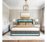 Letto 160x200 con rete LED e USB e Type-C, letti matrimoniali con testiera e 4 cassetti, letto imbottito per adulti, adolescenti, letti matrimoniali con doghe (grigio, 160x200cm)