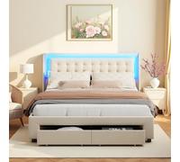 Letto 180 x 200 cm con rete, letto cassettiera 180 x 200 cm con 2 cassetti, letto matrimoniale adulto con luce LED, letto matrimoniale con ripostiglio, tessuto in velluto (beige, 180 x 200)