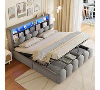 Letto 180 x 200 con rete a LED e USB C, letto cassettiera 180 x 200 con contenitore e testiera regolabile, letto matrimoniale con doghe letto matrimoniale, letto imbottito telaio letto 180 x 200 in