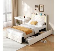 Letto 90 x 200 con rete a rete, letto singolo con LED e porta USB, letto singolo imbottito con 2 cassetti, testiera con contenitore, rete a doghe senza materasso, velluto, beige (Beige, 90 x 200)