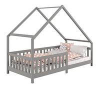 Letto a casa CORA in pino massello di colore grigio, bellissimo letto da montessori con tetto, robusto letto tipei con protezione anti-caduta