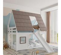 Letto a castello 140 x 200 cm, design a casa, con scivolo e scala, colore: bianco/marrone | Due posti letto per la cameretta dei bambini, protezione integrata contro le cadute, altezza del materasso 10-15 cm