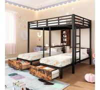 Letto a castello 3 posti 140 x 200 cm + 90 x 200 cm, letto a soppalco scala 3 posti letto, letto per bambini con barriera, con scomparti portaoggetti, 2 cassetti, ripiani, senza materasso, nero