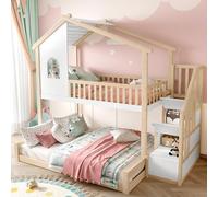 Letto a castello, 90 x 200 cm + 140 x 200 cm, griglia per il letto, scala portaoggetti, finestra, listello, colore naturale + bianco (stile 2)