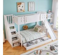 Letto a castello, 90 x 200 cm, 90 x 200 cm, bianco, lettino con finestra, con scivolo per bambini, cassetti con ruote, scale con corrimano, con 4 armadietti nelle scale, design versatile, ampio spazio