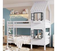 Letto a castello 90 x 200 cm, con corrimano e finestra, lettino con protezione anticaduta e griglia, telaio in pino, bianco