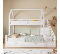 Letto a castello 90 x 200 cm e 140 x 200 cm, con scaletta, letto per bambini, tre dormitori, con cassetti e mensola, con griglia di protezione anticaduta, telaio in pino con armadio in MDF, bianco