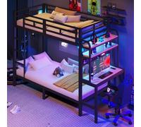 Letto a castello 90 x 200 cm in Iron, letto a castello 2 posti, con rete a doghe, vano portaoggetti, scrivania con striscia luminosa LED, porta USB, protezione di sicurezza, conduttore, senza
