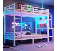 Letto a castello 90 x 200 cm in Iron, letto a castello 2 posti, con rete a doghe, vano portaoggetti, scrivania con striscia luminosa LED, porta USB, protezione di sicurezza, conduttore, senza