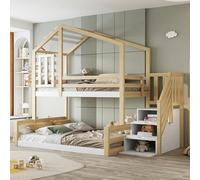 Letto a castello, 90 x 200 cm, in legno di pino, letto con finestra, listello, ringhiera, scala a gradini per conservazione, naturale+bianco