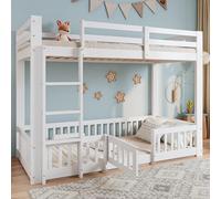 Letto a castello, 90 x 200 cm, in legno di pino + LVL, con scala ad angolo retto, con ringhiera e porta, con protezione anticaduta, spazio libero sotto il letto, bianco