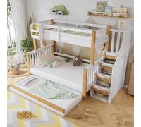 Letto a castello, 90 x 200 e 120 x 200 cm, con protezione anticaduta e griglia, progettato con tre posizioni, con letto a rotelle, design speciale di rivestimento della porta, scala angolare, pino +