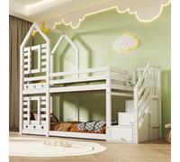 Letto a Castello 90x200 in Legno Massiccio con Casa sull’Albero, Cassetti Integrati e Protezione Anti-Caduta, Letto a Soppalco per Bambini, Camera Bambini e Appartamento, Bianco, Senza Materasso