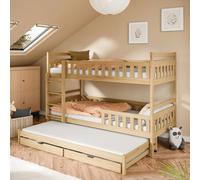Letto a castello 90x200 lettino per bambini o ragazzi letto a soppalco per 3 bambini con due cassetti protezione anticaduta trasformabile in 3 letti singoli dai 4 ai 16 anni con rete a doghe, naturale