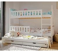 Letto a castello 90x200 Letto per bambini Letto per ragazzi 2 cassetti e protezione anticaduta Letto per bambini trasformabile in 3 letti singoli | dai 4 ai 18 anni | incl. reti a doghe | bianco