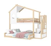 Letto a castello a forma di casa con scala e vano portaoggetti, letto a castello doppio in legno massello con finestra, ringhiera, scale e stoccaggio, design salvaspazio per camera da letto (bianco+