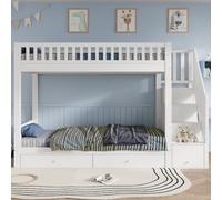 Letto a castello bianco per bambini 90x200cm in legno,con scala-contenitore | 2 cassetti sotto il letto e protezione anticaduta, letto a castello salvaspazio per la cameretta dei bambini